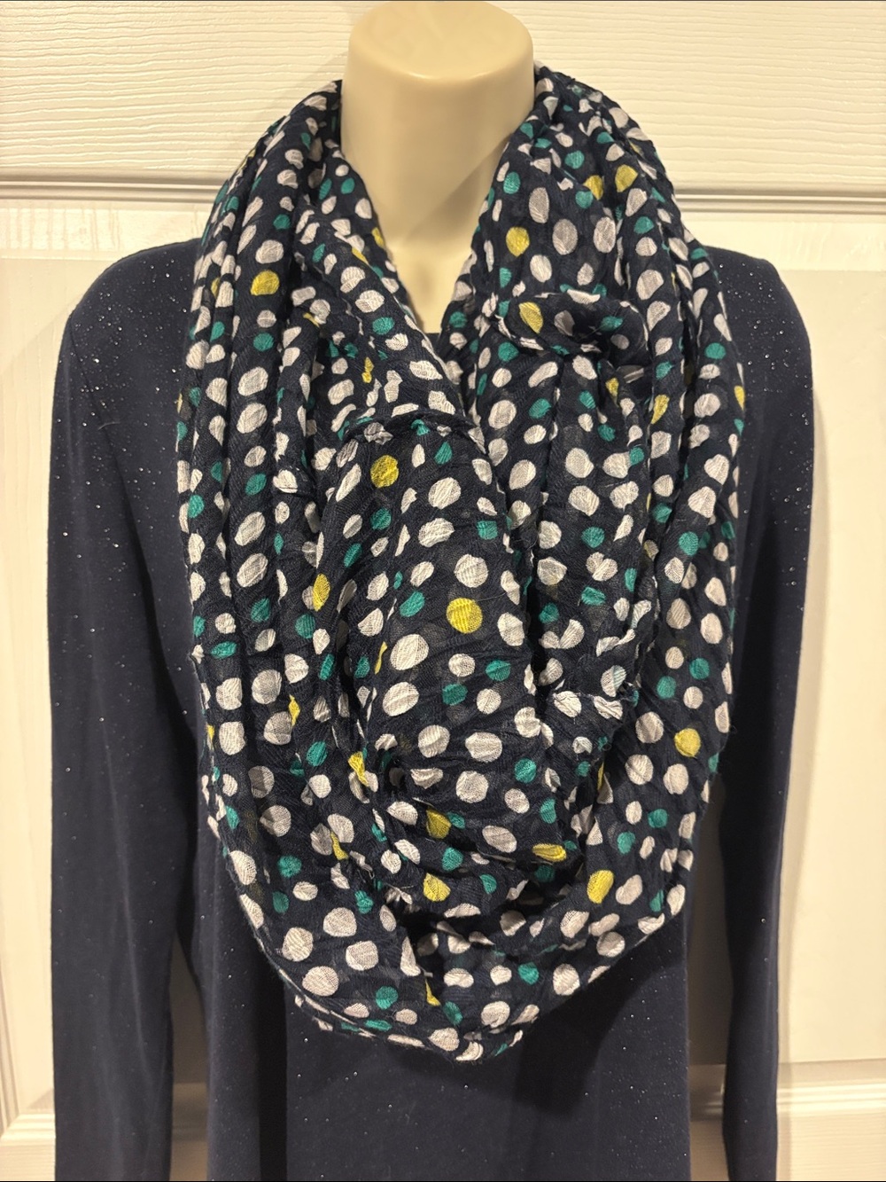Cato Navy Infinity Scarf with White, Teal & Yellow Polka Dots